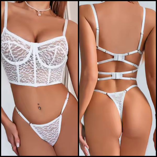 Women Sexy White Lace Mesh Lingerie Set