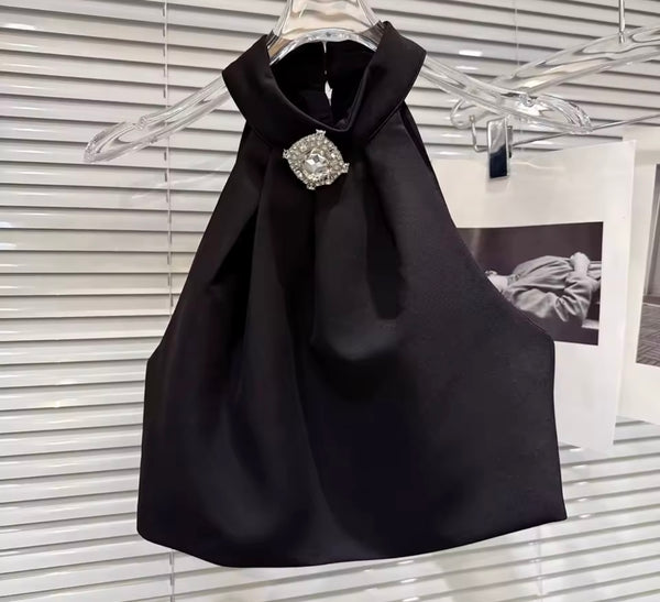 Women Bling Halter Sleeveless Bow Two Piece Pleated Shirt Set