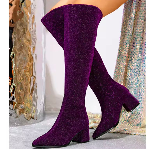 Women Purple Sparkly Fashion Knee High Boots