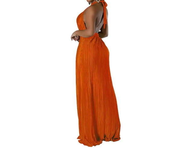 Women Sexy Halter Sleeveless Open Back Solid Color Maxi Dress