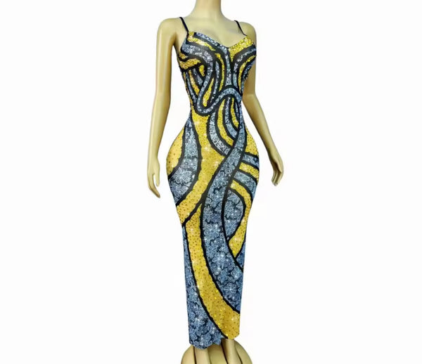 Women Sexy Color Patchwork Sleeveless Rhinestone Maxi Dress