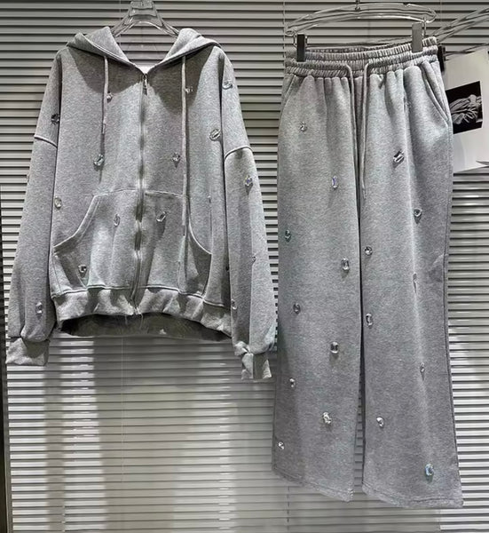 Women Fashion Bling Crystal Hooded Zip Up Two Piece Pant Set