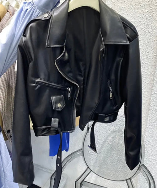 Women Color Fashion Faux Leather Zip Up Jacket