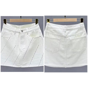 Women White Bling Rhinestone Fashion Denim Skirt