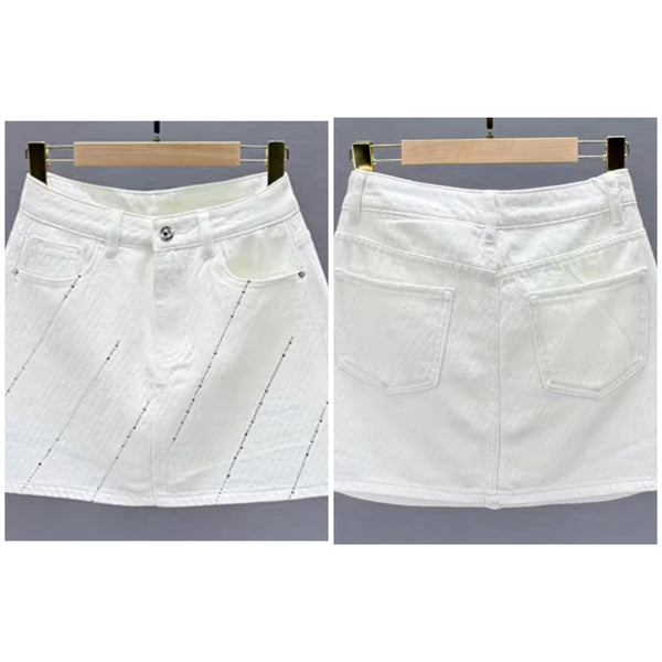 Women White Bling Rhinestone Fashion Denim Skirt