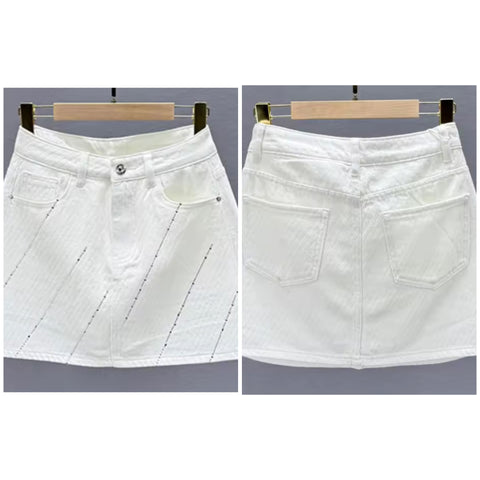 Women White Bling Rhinestone Fashion Denim Skirt