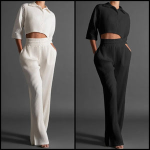 Women Sexy Solid Color Button Up Short Sleeve Crop Two Piece Pant Set