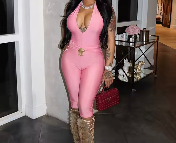 Women Halter Sleeveless Metal Sexy Capri Jumpsuit