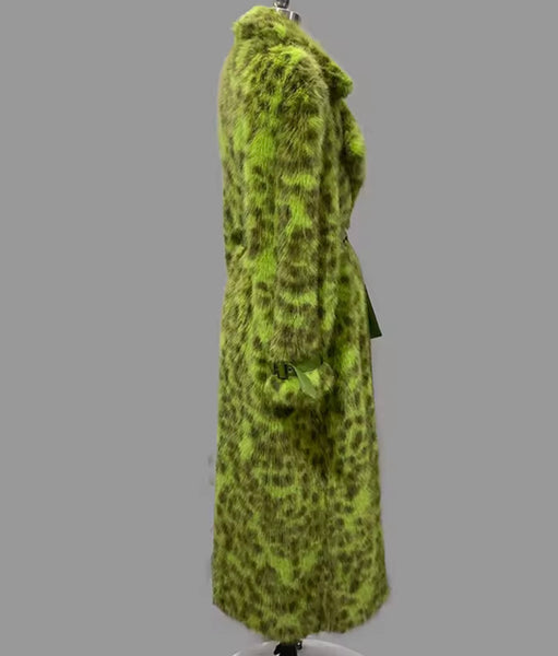 Women Fashion Green Leopard Print Faux Fur Long Jacket