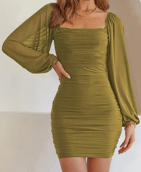 Women Sexy Solid Color Mesh Full Sleeve Ruched Dress