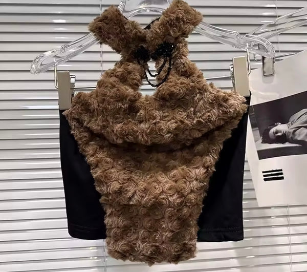 Women Halter Sleeveless Faux Fur Fashion Crop Top