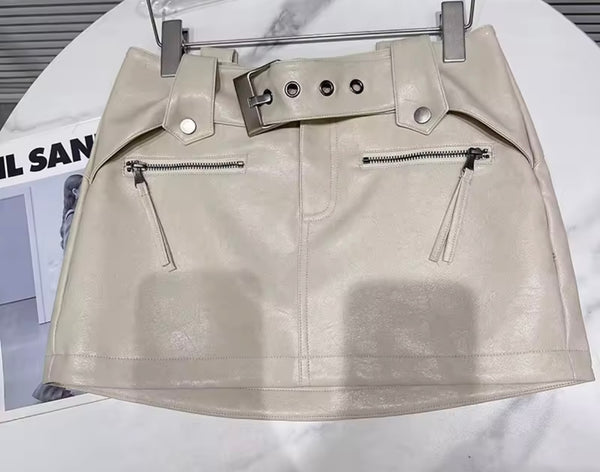 Women Fashion Beige Buckle Zipper Faux Leather Skirt