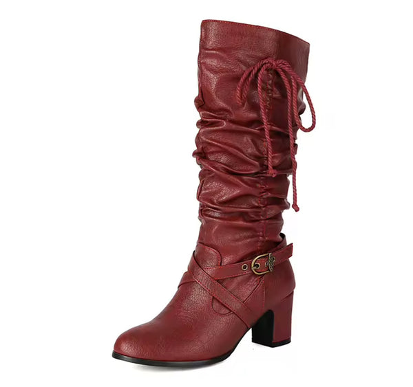 Women Fashion Buckled Ruched Tie Up Faux Leather Boots