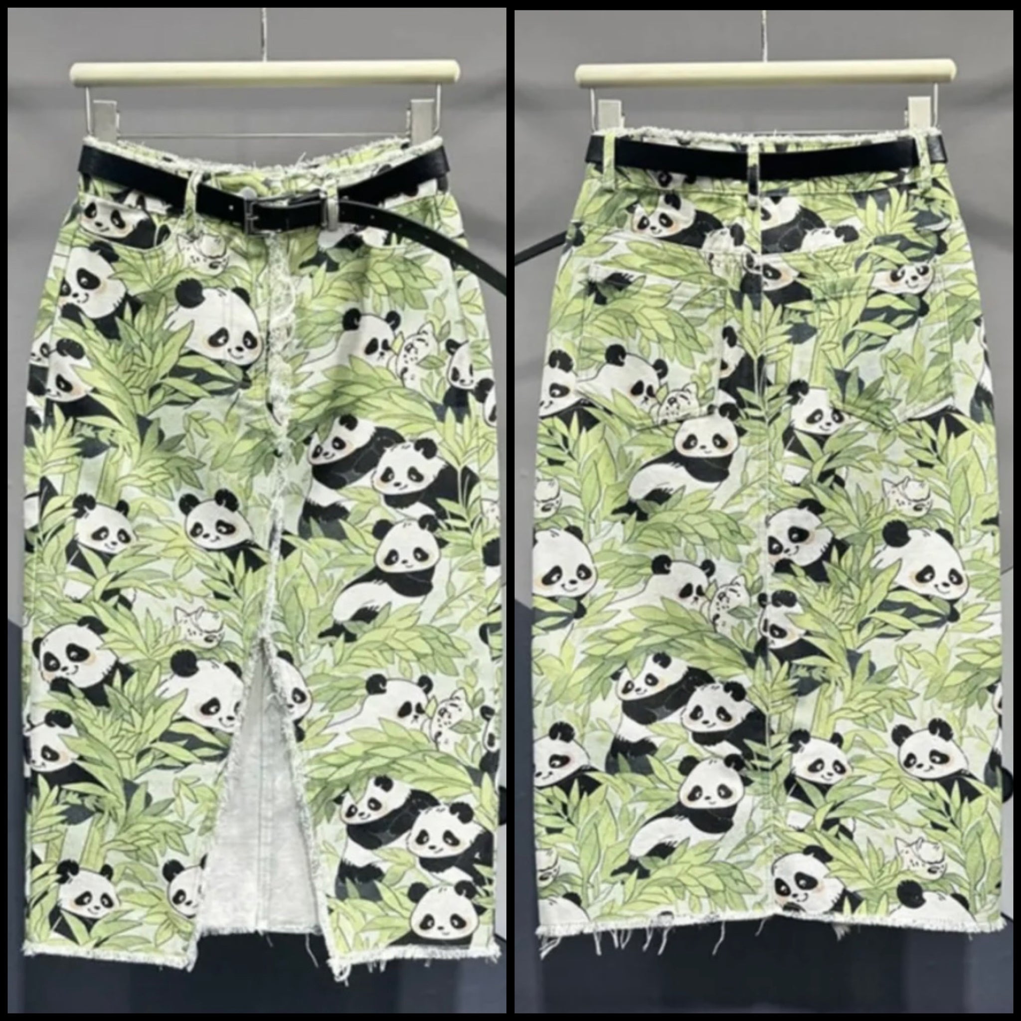Women Fashion Panda Print Denim Long Skirt