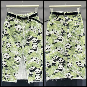 Women Fashion Panda Print Denim Long Skirt