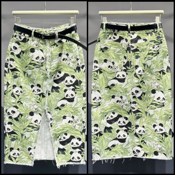 Women Fashion Panda Print Denim Long Skirt