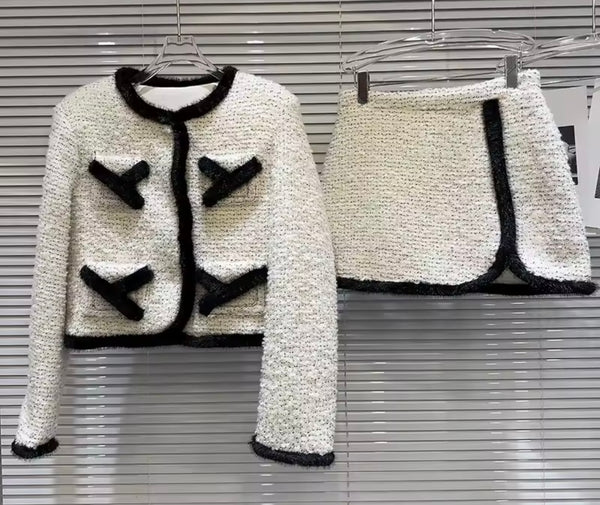 Women Fashion White/Black Full Sleeve Blazer Two Piece Skirt Set