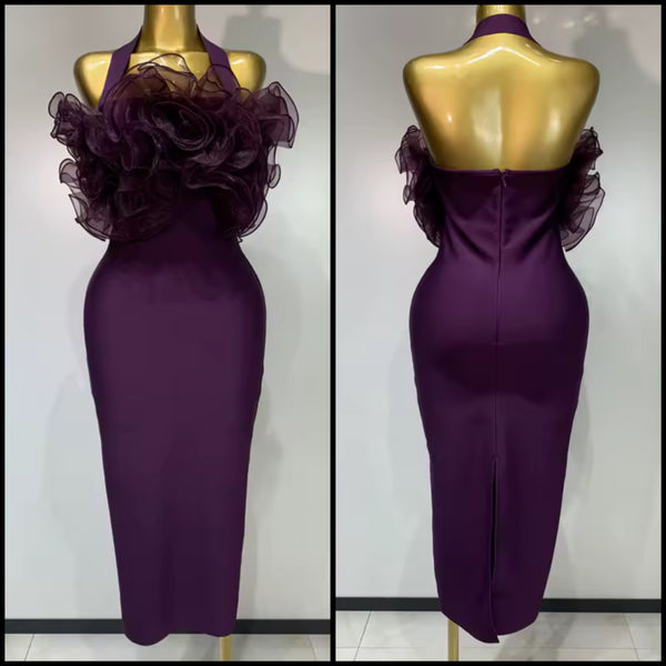 Women Sexy Purple Halter Ruffled Maxi Dress
