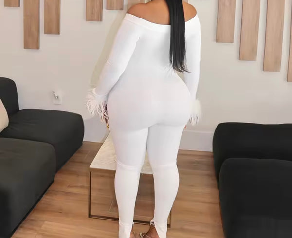 Women Off The Shoulder Feather Full Sleeve Fashion Jumpsuit