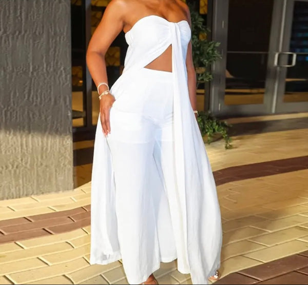 Women White Sexy Strapless Asymmetrical Two Piece Pant Set