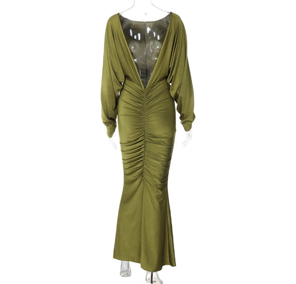 Women Sexy Solid Color Open Back Full Sleeve Maxi Dress