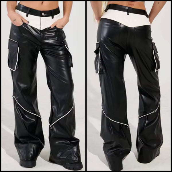 Women Fashion B&W Faux Leather Cargo Pants