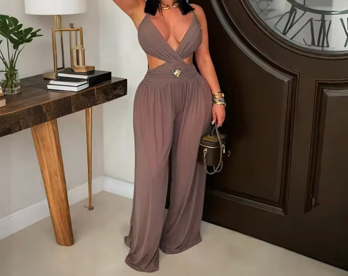 Women Sexy Sleeveless Beaded Mesh Cut Out Jumpsuit