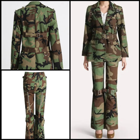 Women Fashion Buckled Zipper Camouflage Two Piece Blazer Pant Set