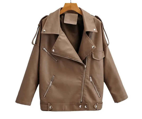 Women Zipper Fashion Faux Leather Jacket