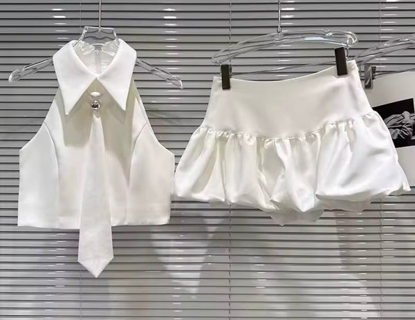 Women Sleeveless Tie Two Piece Puffy Skirt Set