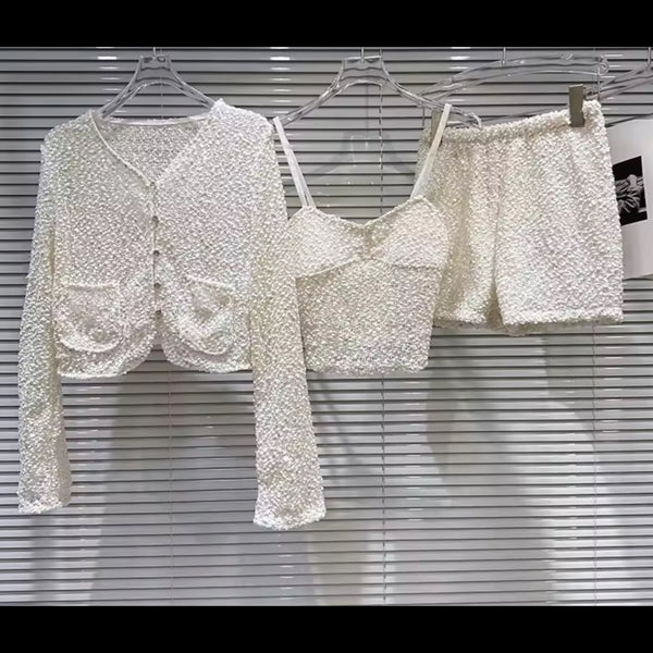 Women White Sequins Fashion Three Piece Short Set