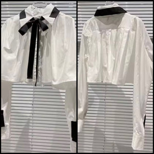 Women White/Black Button Up Tie Full Sleeve Top