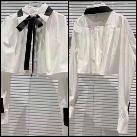 Women White/Black Button Up Tie Full Sleeve Top