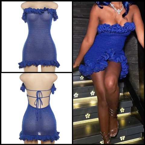 Women Blue Sexy Strapless Ruffled Open Back Knitted Dress