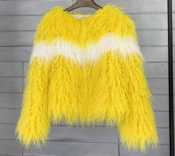 Women Fashion Color Patchwork Striped Faux Fur Sweater Top