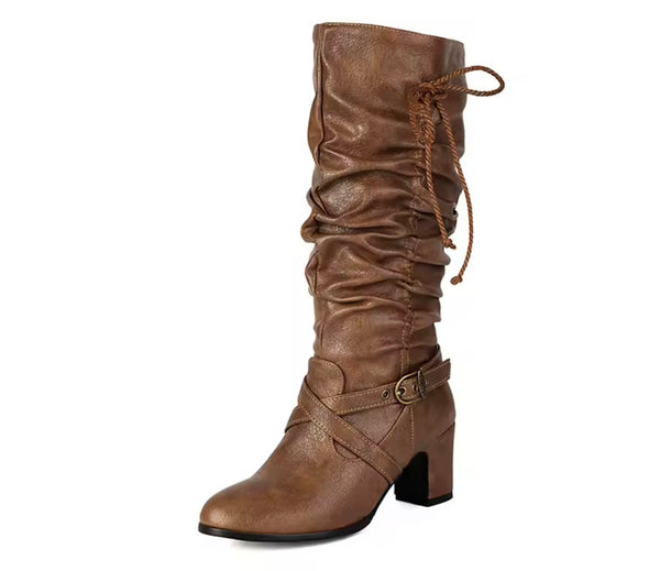 Women Fashion Buckled Ruched Tie Up Faux Leather Boots