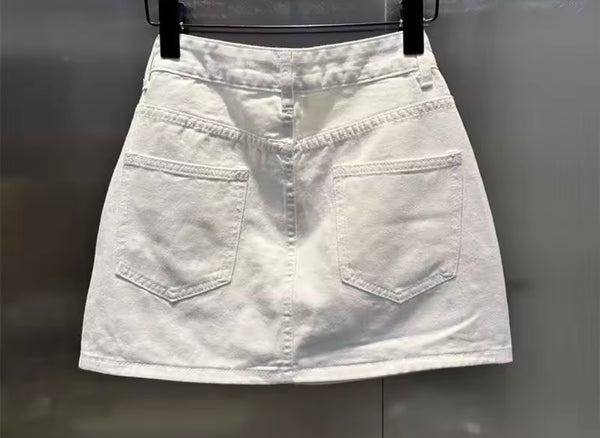 Women Fashion Rhinestone Pearl Floral Denim Skirt