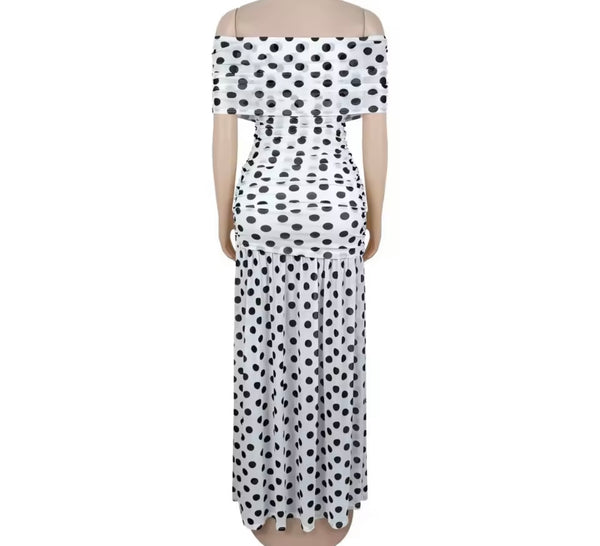 Women Polka Dot Off The Shoulder Front Split Maxi Dress