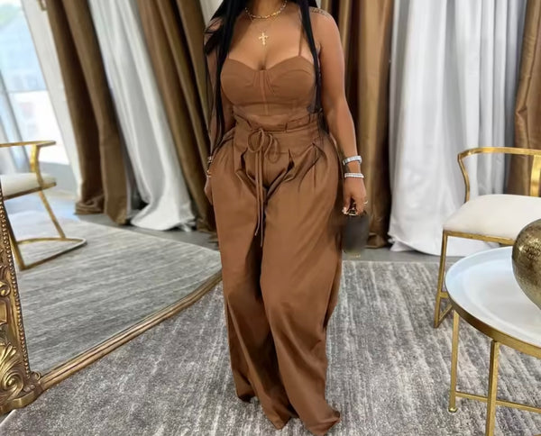 Women Color Sleeveless Crop Fashion Two Piece Wide Leg Pant Set