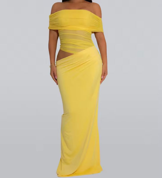 Women Sexy Off The Shoulder Solid Color Mesh Patchwork Dress