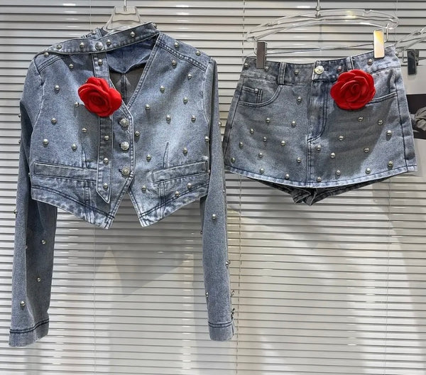 Women Sexy Fashion Rivet Floral Denim Two Piece Skirt Set