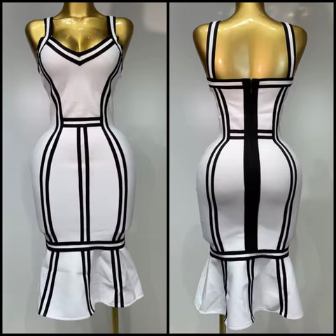 Women Sexy Sleeveless White Striped Ruffled Dress