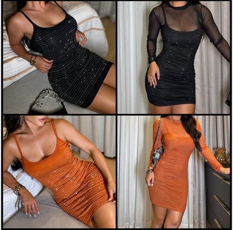 Women Sexy Bling Mesh Full Sleeve Two Piece Dress