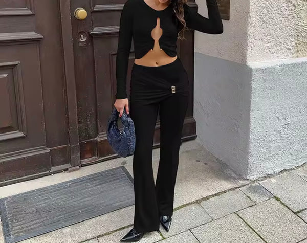 Women Sexy Cut Out Full Sleeve Crop Two Piece Wrap Pant Set