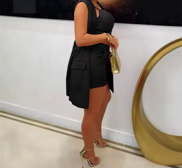 Women Fashion Sleeveless Solid Color Three Piece Short Set