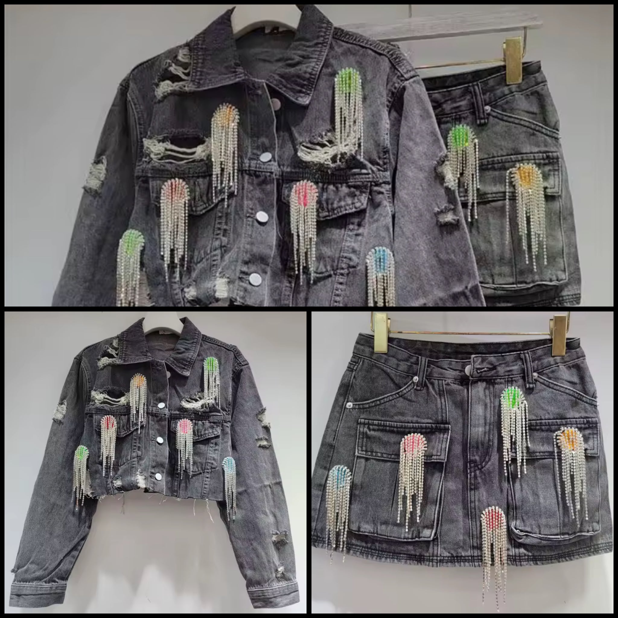 Women Color Crystal Rhinestone Tassel Denim Two Piece Skirt Set