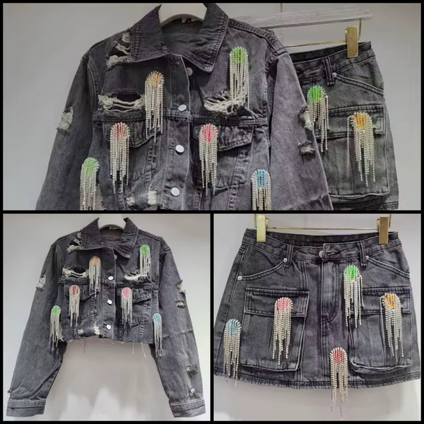 Women Color Crystal Rhinestone Tassel Denim Two Piece Skirt Set