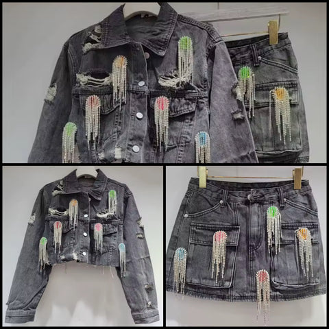 Women Color Crystal Rhinestone Tassel Denim Two Piece Skirt Set