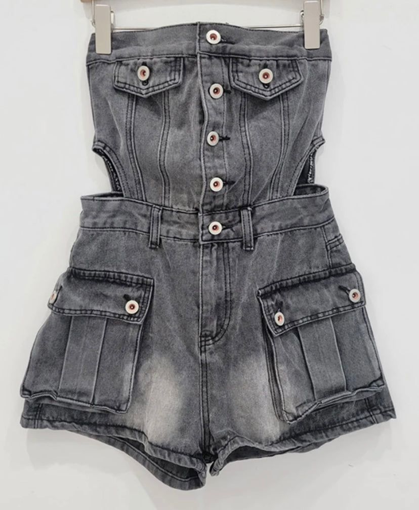 Women Fashion Strapless Button Cut Out Denim Romper