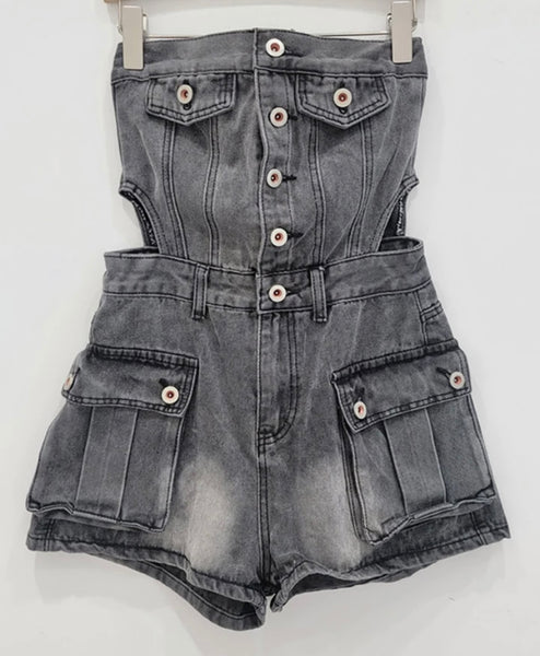 Women Fashion Strapless Button Cut Out Denim Romper